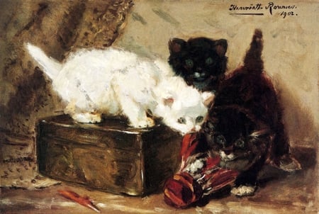 Henriette Ronner * Kittens at play 1902 - henriette ronner, painting, art, cat, naughty, animal, kitten