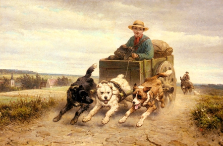 Henriette Ronner * The dog cart - henriette ronner, cart, painting, dog, man, art