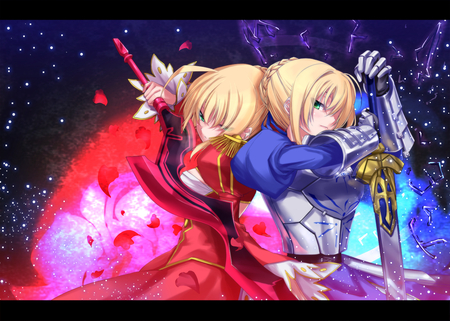 Knights - saber, mikazuki yozora, saber extra, armor, fate stay night, fate extra, kyougoku touya, weapon, anime, sword