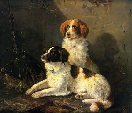 Henriette Ronner * Two Spaniels Waiting for the Hunt - painting, henriette ronner, art, puppy, dog