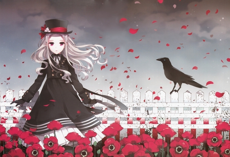 anime garden - animated, beauty, hat, black, white, pretty, anime, garden, artistic, manga, fence, girl, cartoon, drawing, raven, bird, nature, crow, red, beautiful, flowers