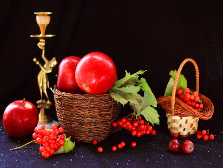 Still life - apple, beautiful, fruits, harmony, still life, candle, nice, berries, lovely, basket