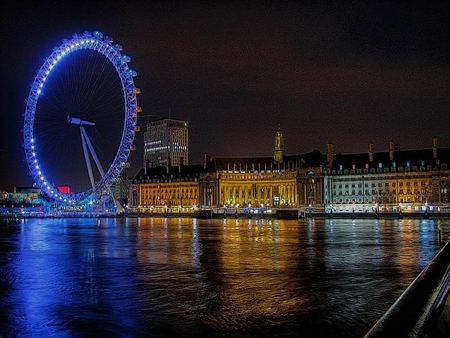 The London Eye on the South Bank - glare, night, water, buildings