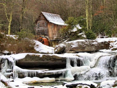 Old Mill House - house, snow, trees, water