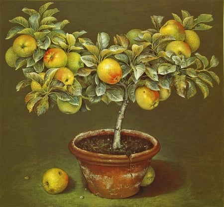 Apple tree in terracotta pot by Jose Ecofet - pot, jose ecofet, tree, painting, terracotta, golden, leaf, apple, art