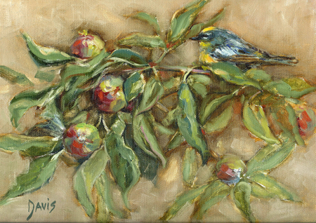 Apples and bird - bird, davis, mere, red, green, painting, fruit, pasare, leaf, apple, manzana, art