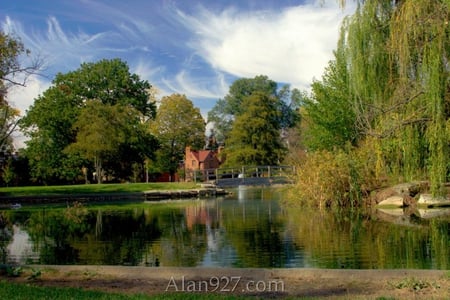 Schiller Lake House - pretty blue sky, house, trees, beautiful, lake