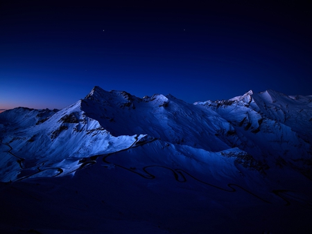 dark-night - sky, stars, mounts, photography, winter, mountains, peak, nature, view, cold, blue, snow, beautiful, scenery, photo