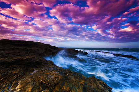 colorful world - clouds, water, blue, beach, photography, beauty, ocean, pink, sand, nature, sky