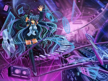 Hatsune Miku - aqua, thigh highs, stage, headset, music, thighhighs, anime girl, hall, stockings, white, piano, art, cool, aqua eyes, artistic, hatsune miku, skirt, leggings, light, song, vocaloids, program, glow, vocaloid, pink, beautiful, uniform, diva, beauty, nice, twintail, singer, aqua hair, black, virtual, pretty, musical intsuments, idol, anime, miku, cute, twin tail, electric, girl, cg, hatsune, microphone, headphones, tie, awesome, digital, outfit