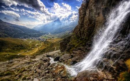 Amazing View - waterfalls, amazing, splendor, landscape, view, sky, clouds, water, beautiful, road, beauty, lovely, valley, river, nature, waterfall, mountains, peaceful, rocks