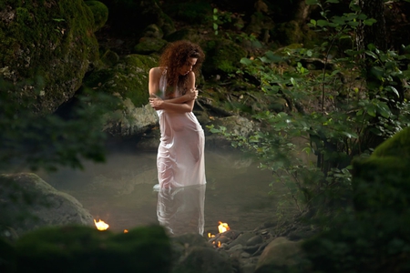 Forest fairy for my fairy friend - beauty, lake, lady, trees, light, water, white dress, forest, wonderful woman, green, fairy, beautiful place, grass