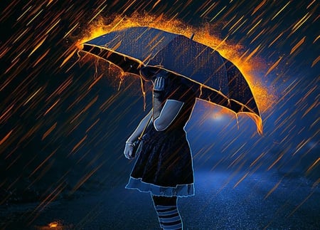 Burning - abstract, umbrella, female, fire, rain, 3d, night, dark