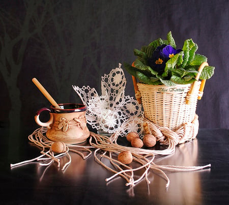 still life - flowers, basket, lace, fruits, still life