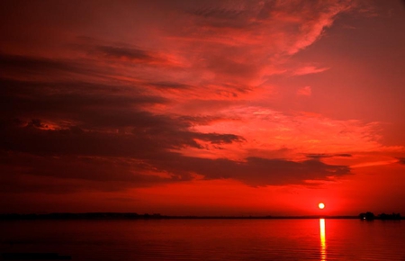 red sky - red, sky, water, clouds, nature