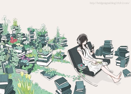 Unlimited Books - headphones, barefoot, arakawa, flowers, book, black hair, original, aintnoroom