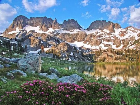 Lake Ediza - flowers, sky, lake, mountains