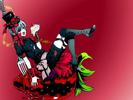 Bleeding Strawberry - strawberry, fork, gothic, black, cake, kuroshitsuji, red, blue, green, anime, lolita, ciel