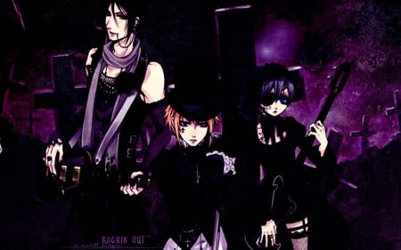 Rockin it Out - punk, creepy, gothic, black, rock band, sebastian, purple, kuroshitsuji, cool, dark, anime, ciel, drocell