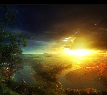 Fantastic Sky - trees, fantastic, man, river, bright, golden, sitting, sun, sky, hilltop