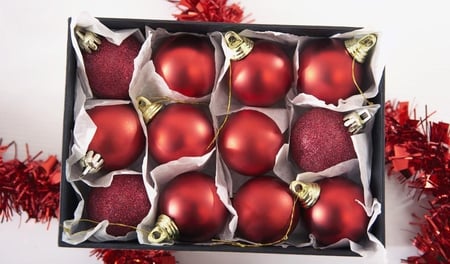 Box-of-Christmas-decorations - christmas, red, ornament, 3d, box