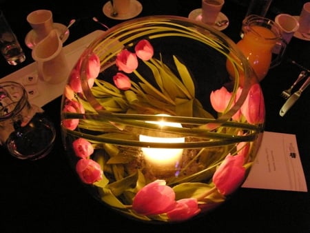 One romantic night ღ♥ღ - soft pink, romantic, evening, fashion, entertainment, night, magnificent, gorgeous, atmosphere, centerpiece, anniversary, round bowl, forever, special, beautiful, wedding, love, birthday, candlelight, christmas, tulips, green, arrangement