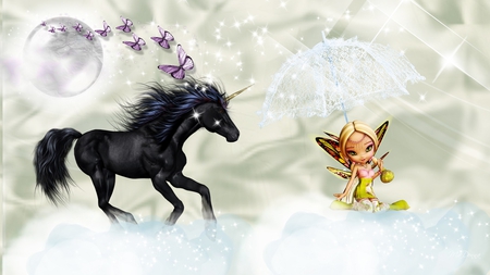 Unicorn Fairy Dream - stars, imagination, dream, fantasy, children, horse, umbrella, clouds, fairy, sparkles, cute, firefox persona, unicorn, butterflies