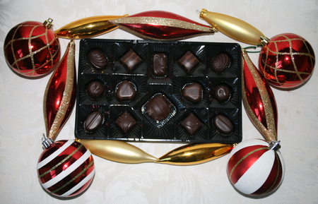 Chocolate and Christmas Ornamental - white, red, photography, ornamental, chocolate, gold