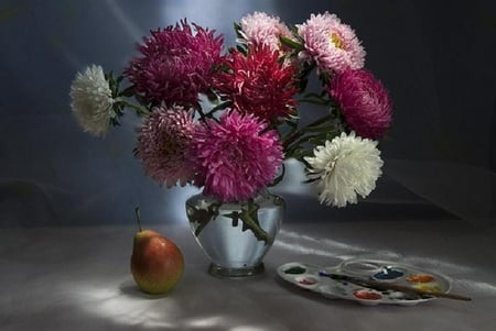 Asters with paint. - vase, pear, paint, aster, fruit, flower, still life