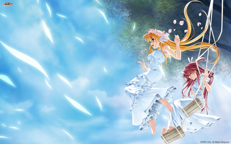 Yumino Kanade & Arue - girls, free, red, blonde, anime, dress, sky, long hair, yumino kanade, clouds, female, arue, swing