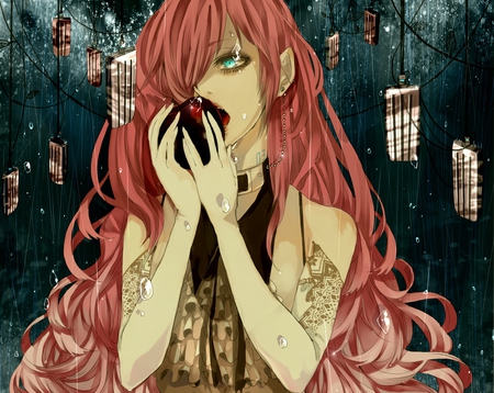 Megurine Luka - anime girl, vocaloid, hot, earring, wet, cool, sweet, luka megurine, luka, eat, necklace, rain, megurine luka, apple, vocaloids, sexy