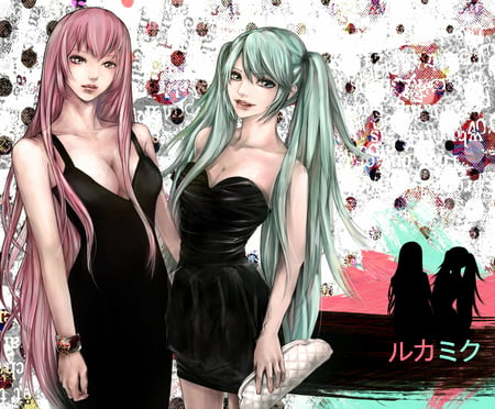 Miku & Luka - vocaloid, miku hatsune, hatsune miku, green hair, long hair, luka megurine, sing, black dress, pink hair, anime girl, twintails, hot, sound, rock, cool, sweet, megurine luka, sexy, vocaloids, song, breast