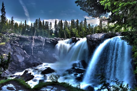 waterfall blue - waterfalls, trees, nature, falls, rock