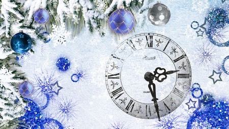 Christmas Time - xmas, christmas, balls, snow, blue, decorations, clock, tree, feliz navidad, firefox persona