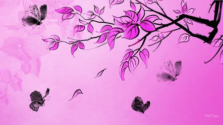 Pink with Black Butterflies - bright, pink, summer, tree, firefox persona, limb, butterflies