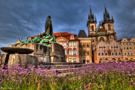 Prague Square - flowers, beautiful, prague, shops, grass, steps, buildings