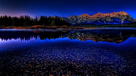 Dusk Comes - cool blue, beautiful, hdr, reflective, mountains, peaceful, dark, midnight