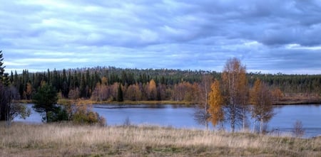 Gorgeous Surroundings - sky, lake, trees, forest, bank, autumn foliage, clouds