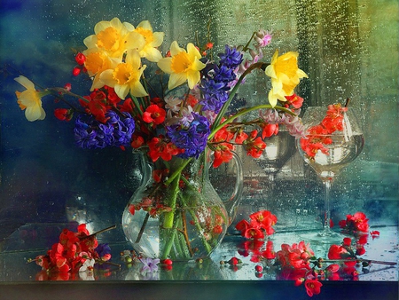 After the rain - nice, rain, still life, lovely, vase, pretty, beautiful, flowers, hyacint, after, harmony