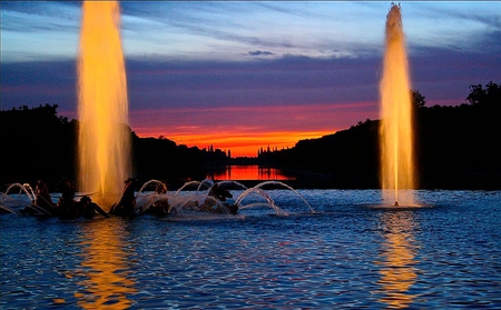 Sunset-Fountains - picture, beautiful, sunset, lights, fountains