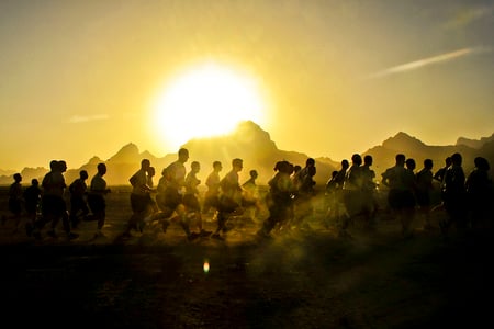 Running in the dusk - group running, morning run, running, dusk, sun