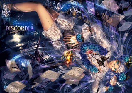 Beauty of Fantasy - blue rose, female, book, flowers hair, yutifa 47, laying down, text, anime girl, water, hot, water drop, beauty of fantasy, cool, sweet, fantasy, smile, necklace, glasses, rose, cute, paper, sexy, bow, fish, lipstick