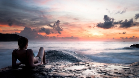 watching the horizon - pretty, beauty, beach, ocean, sky, clouds, photography, sunset, sea, nature, woman