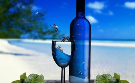 Have a glass of Ocean! ;) - sealife, seagulls, beach, pic, water, image, fantasy, bottle, ocean, octapus, glass, tropical, wallpaper, picture, ship, turtle, wall, blue, fish, digital, sea