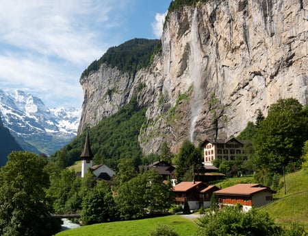 Next to the Mountain - mounrain, trees, houses, sky