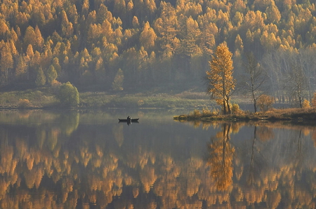 Still place - lake, autumn, landscape, place, nature, reflections, still, forest, tree, photo, boat