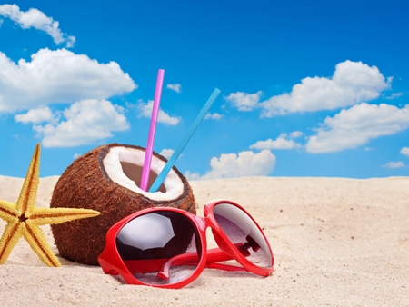 Beach - starfish, coconut, glasses, beach, sand