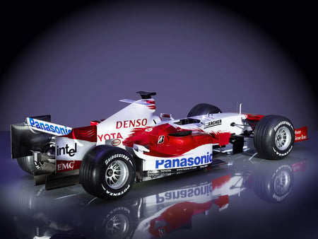 toyota f1 race car - silver alloys, white, blue, red, single seater, mid engine