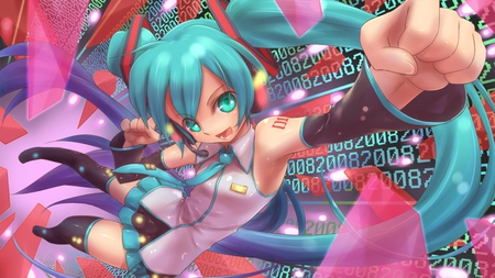 Hatsune Miku - tie, pretty, artistic, twin tail, pink, uniform, headphones, nice, program, hot, thighhighs, beauty, virtual, cg, white, cute, aqua eyes, song, outfit, sexy, detached sleeves, code, vocaloid, anime, blue, twintail, flying, hatsune miku, microphone, music, aqua, purple, art, idol, anime girl, skirt, beautiful, singer, girl, cool, black, miku, awesome, diva, numbers, digital, aqua hair, thigh highs, hatsune, vocaloids, headset