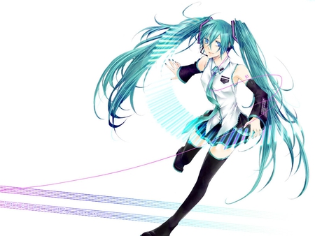 Hatsune Miku - aqua, thigh highs, headset, thighhighs, music, anime girl, stockings, white, art, cool, aqua eyes, artistic, hatsune miku, skirt, leggings, song, vocaloids, program, vocaloid, pink, beautiful, uniform, diva, beauty, nice, twintail, singer, aqua hair, black, virtual, pretty, idol, anime, miku, cute, twin tail, girl, cg, hatsune, microphone, blue, headphones, tie, awesome, digital, outfit